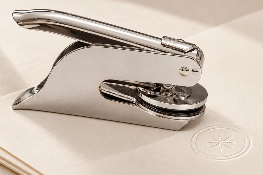 Desktop embossing seal beside an embossed paper impression
