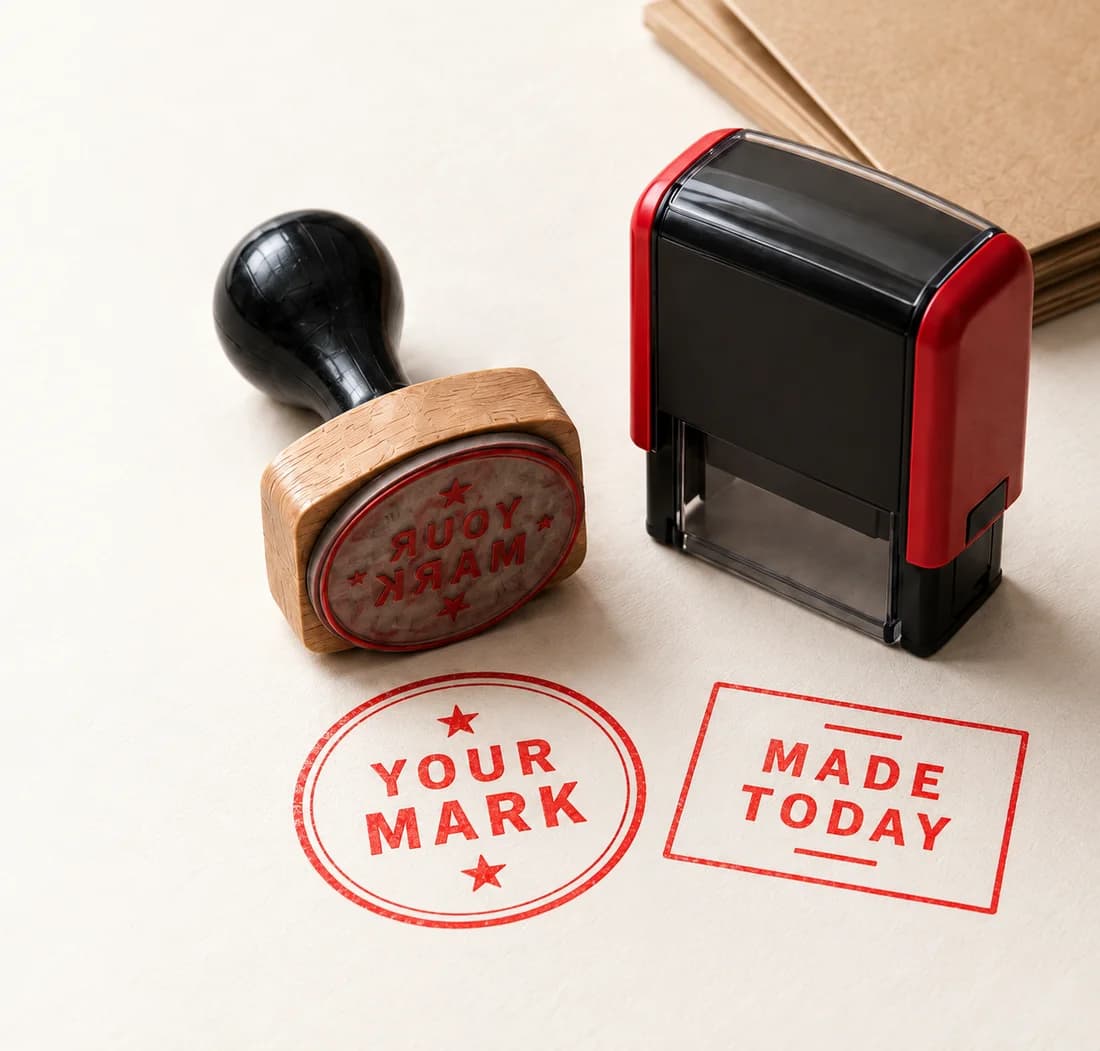 Custom stamp impressions on paper beside self-inking and plastic-handled traditional stamps