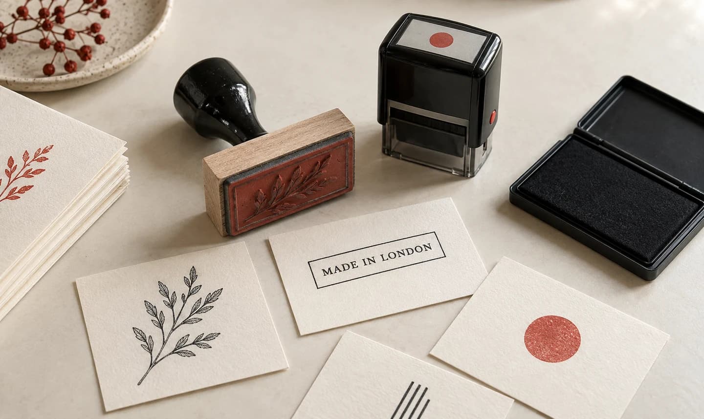 Plastic-handled stamps, an ink pad and fresh impressions on cream paper